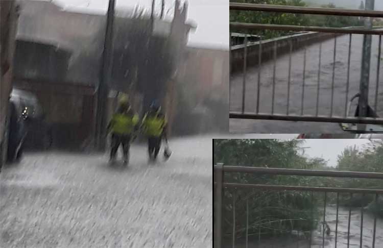 Le piogge in via Pascoli e, nei riquadri, i fiumi in piena