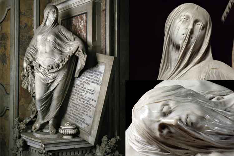 "La Pudicizia" di Antonio Corradini, eseguita nel 1751, con un particolare del volto e del volto del Cristo Velato